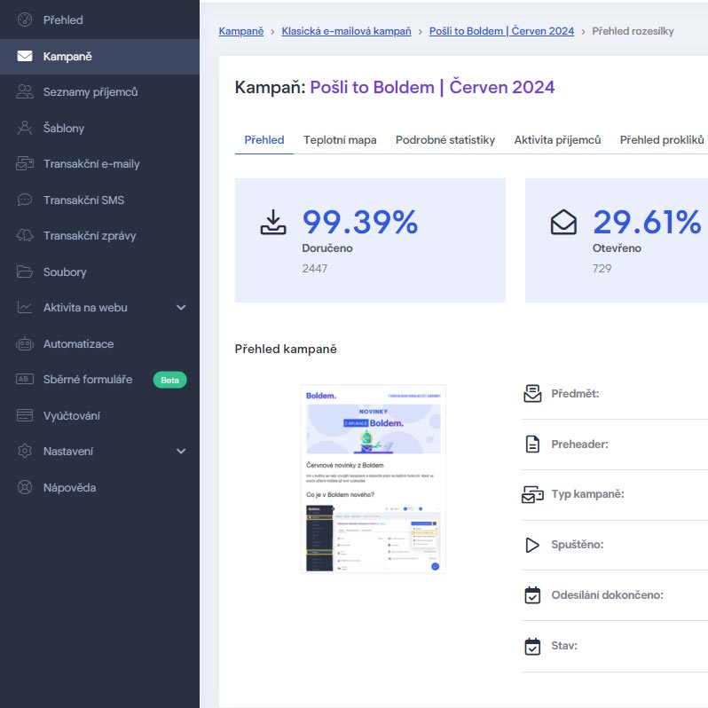 pohled na dashboard aplikace Boldem